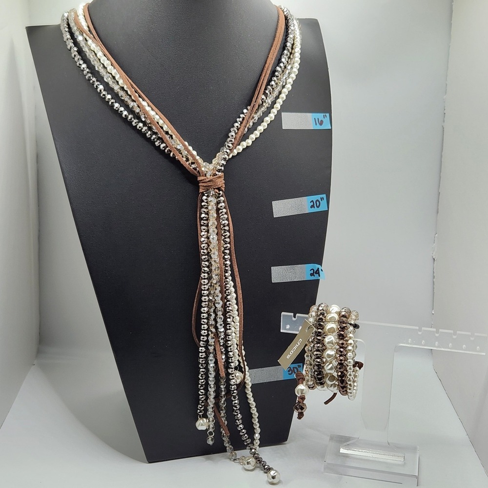 Chicos Boho Glam Multi Strand Beaded Lariat Necklace and Coil Bracelet Set $108
